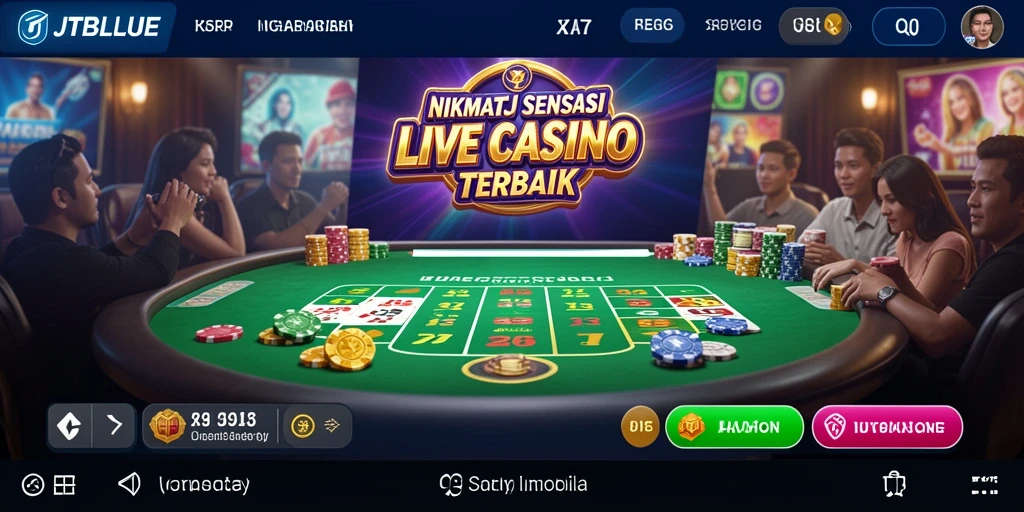 Screenshot gameplay JTBLUE yang menampilkan dealer langsung dan meja permainan.